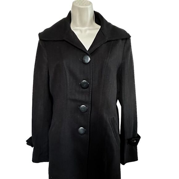 Lesfemme ~ Black 4 button long coat~ tie belt ~ oversized buttons ~side pocket - Picture 1 of 16
